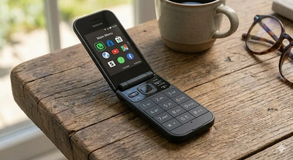 A close-up photograph of an open black Nokia 2720 Flip phone resting on a rustic wooden table. The color internal screen displays the KaiOS "Main Menu" interface with icons for Call Log, Contacts, Store, YouTube, Google Maps, Facebook, WhatsApp, and Settings. Below the screen is a physical T9 alphanumeric keypad with navigation buttons. In the blurred background, a ceramic mug and tortoiseshell glasses are visible.
