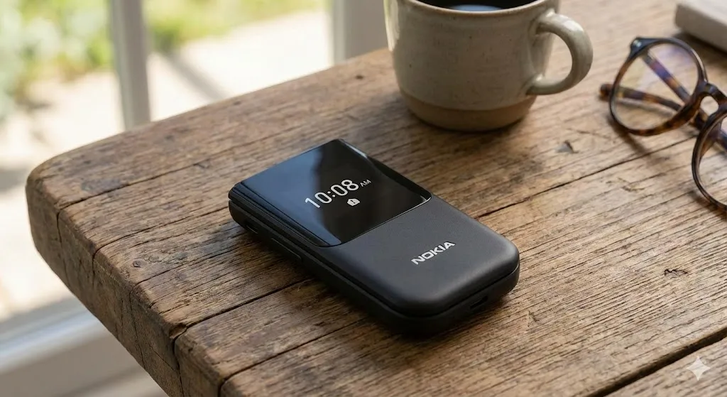 A close-up photograph of a black Nokia 2720 Flip mobile phone, closed, resting on a rustic wooden table surface. The external screen shows the time "10:08 AM" and a small lock icon. The word "NOKIA" is printed below the screen. To the right, a speckled ceramic mug and tortoiseshell-frame glasses are partially visible. The background is a blurred window with natural light.