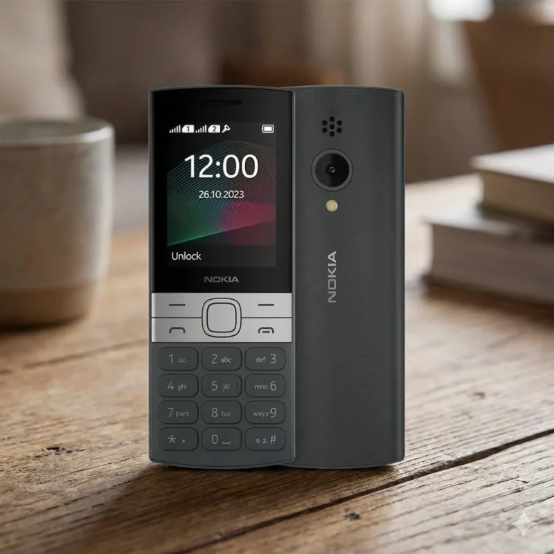 A detailed product photo of the Nokia 150 (2023) feature phone in Charcoal Black. The image showcases both the front display with a colorful wave wallpaper and the textured back panel featuring the camera lens and Nokia logo. The device is standing upright on a rustic wooden table in a softly blurred indoor setting.