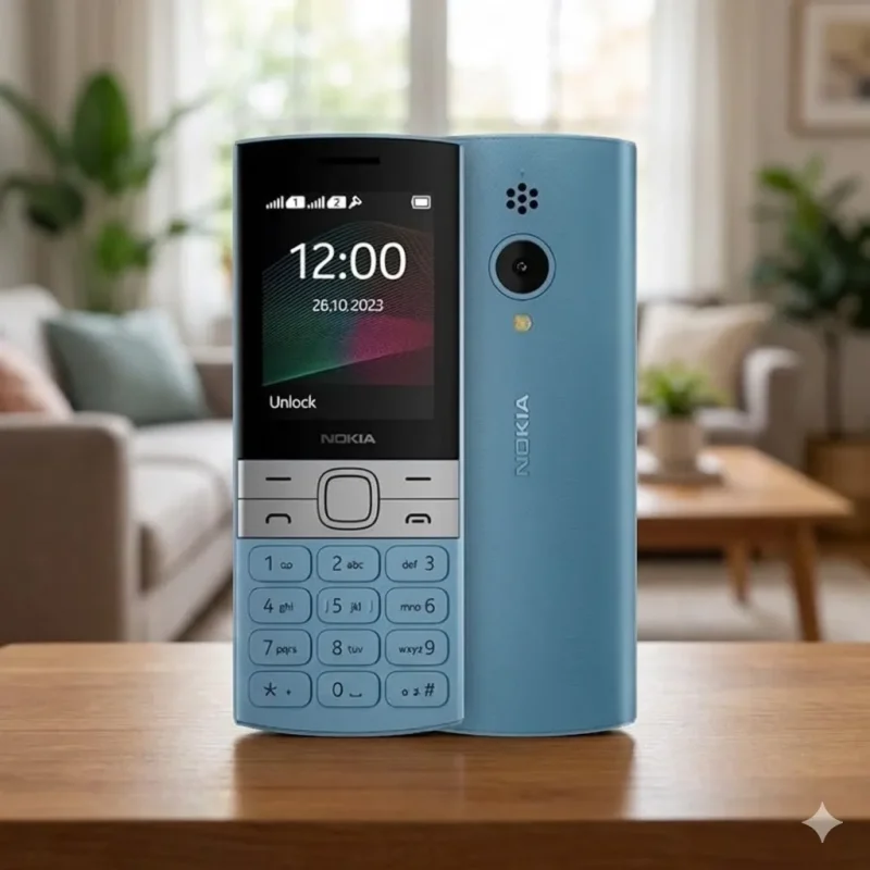 Front and back view of the cyan blue Nokia 150 (2023) Vietnam variant placed on a wooden table with a blurred living room background. The image highlights the premium build and sleek design of the phone, optimized for users searching for the Nokia 150 price in Bangladesh.